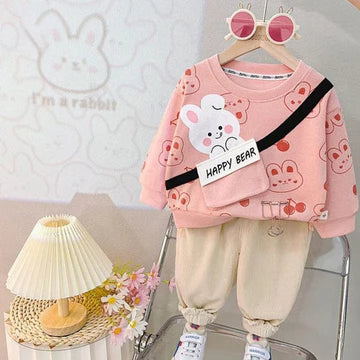 PINK HAPPY BEAR PRINT SWEATSHIRT SET FOR KIDS