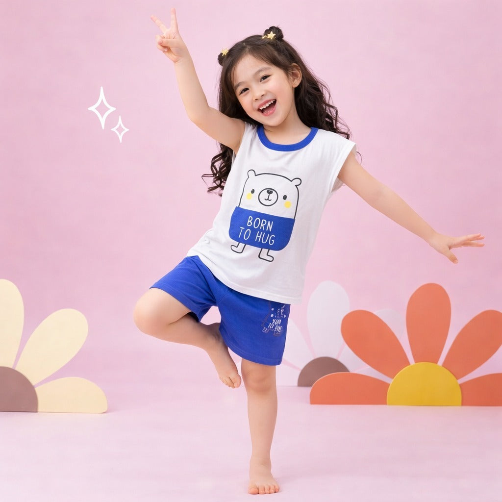 Cute Kids Pajama Set: Bear Print Sleeveless Top & Blue Shorts
