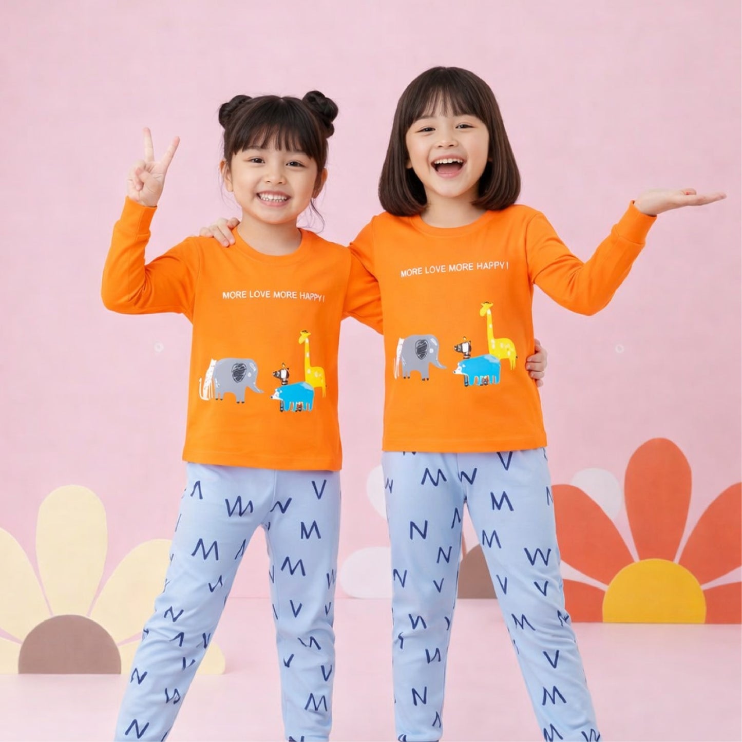 Orange Animal Graphic T-Shirt & Blue Pants Set for Kids