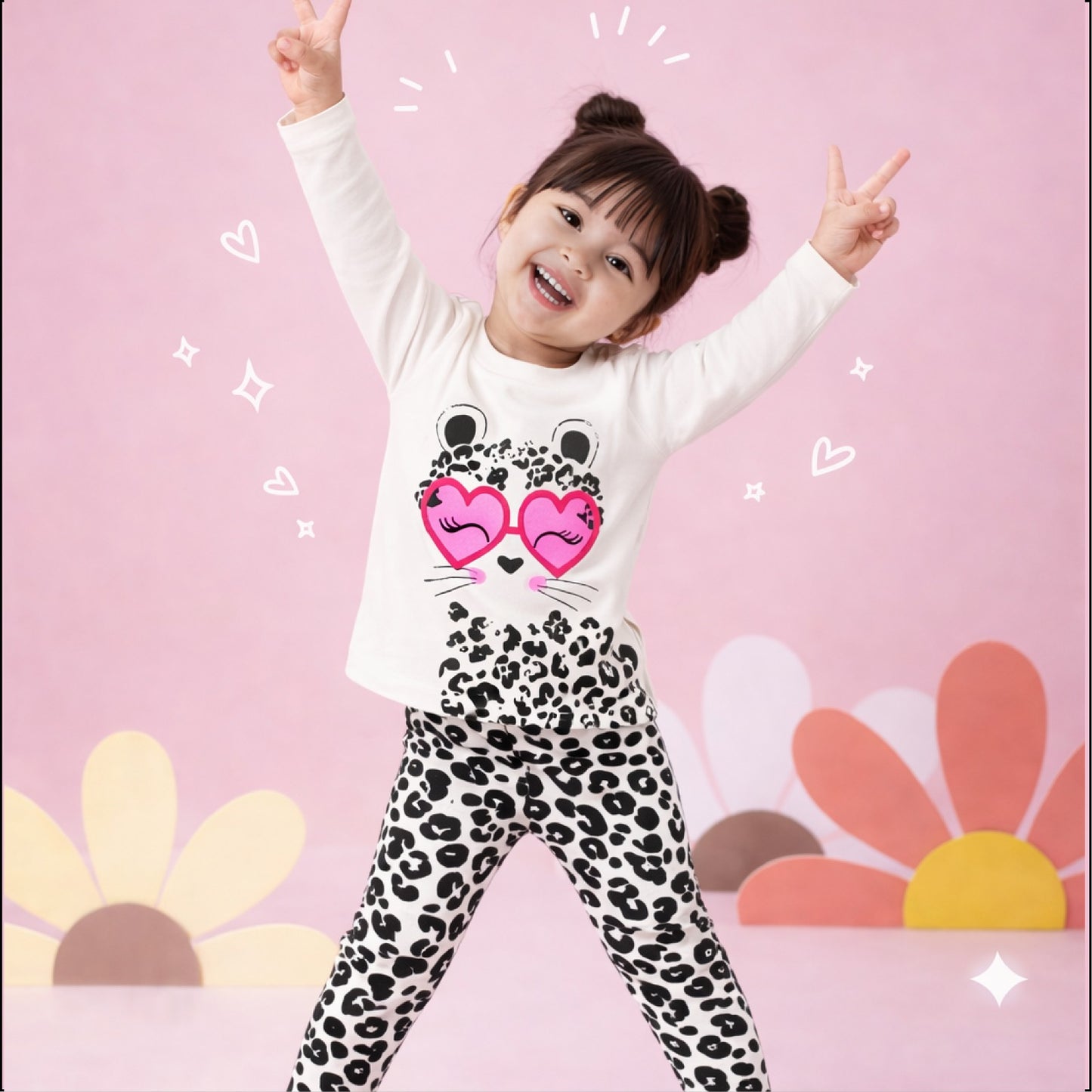 Leopard Print Cat Graphic T-Shirt & Pants Set for Kids
