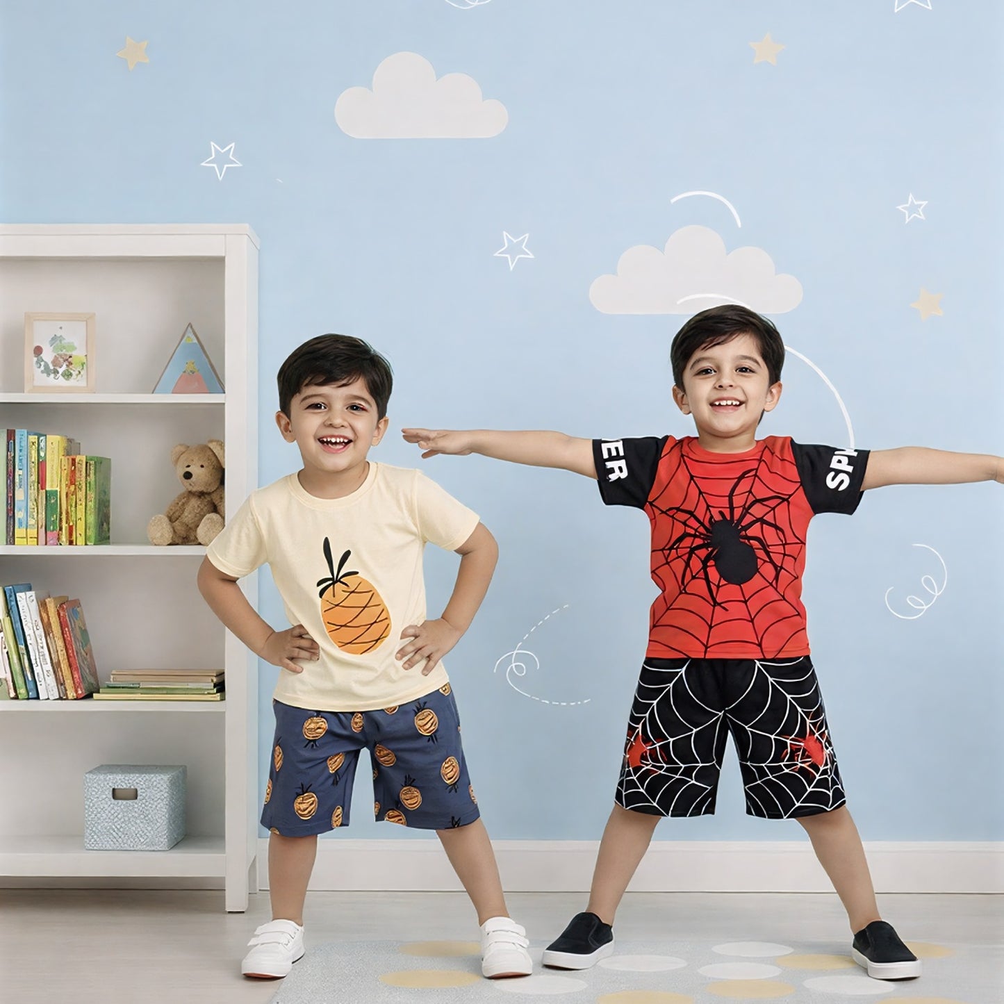 Pineapple & Spider Graphic Tee and Shorts Set for Boys
