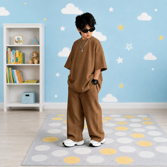Kids Earthy Oversized Loungewear Co-Ord Set Unisex Drop-Shoulder Tee & Wide-Leg Trousers Tracksuit (Camel Brown)