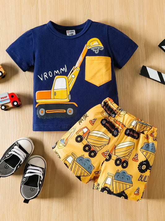 Navy blue excavator print & yellow Short Set