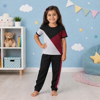 Trendy Colorblock Kids Outfit Set – Ultra-Soft T-Shirt & Joggers for Girls (Everyday Wear)