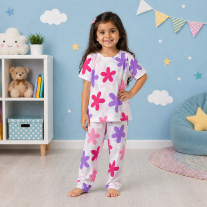 Girls Floral Pajama Set – Soft Cotton Nightwear Co-Ord (Breathable Sleepwear for Kids 2–6 Years)