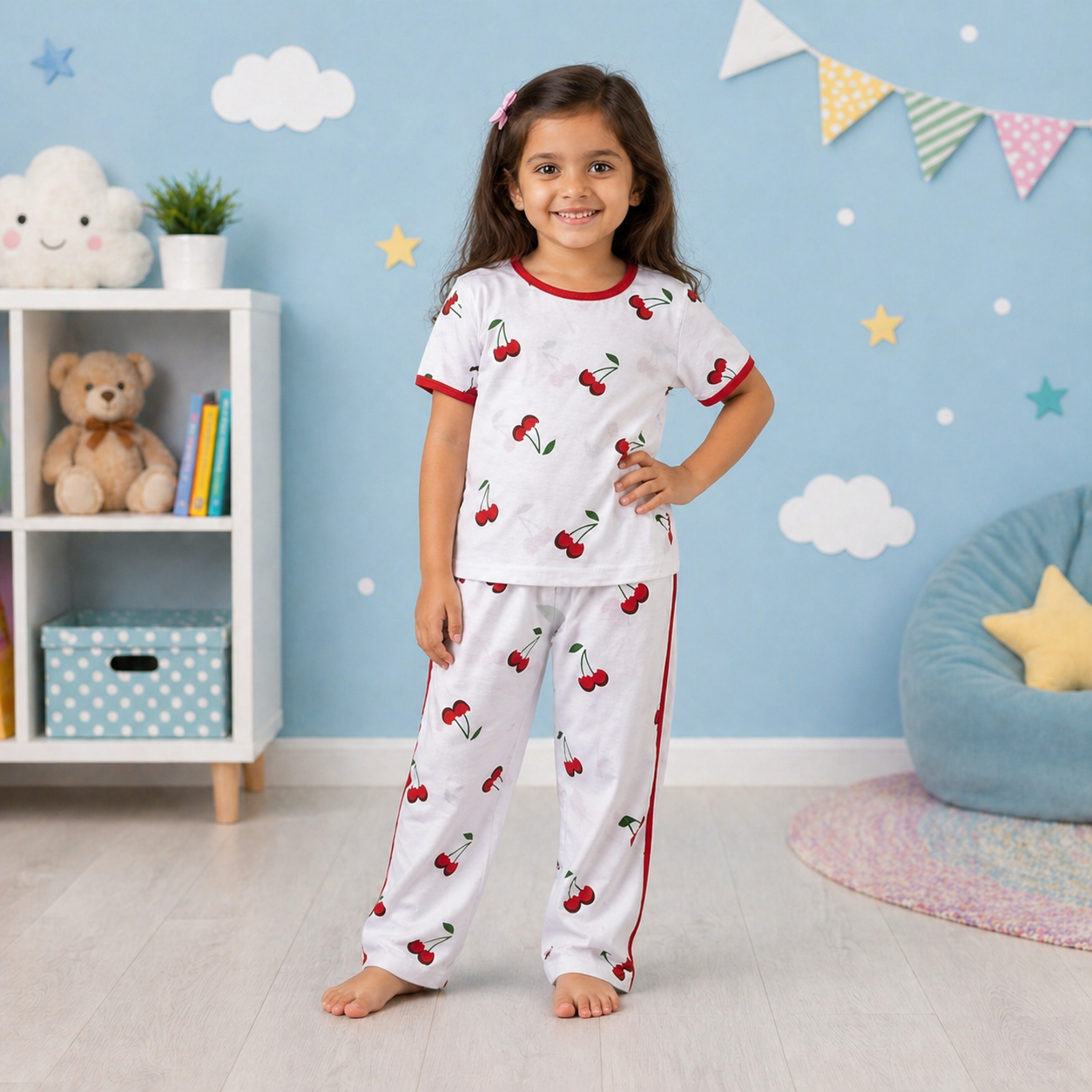 Girls Cherry Print Pajama Set – Soft Cotton Nightwear Co-Ord (Cute Sleepwear for Kids 2–6 Years)