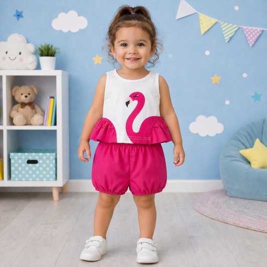 Toddler Girls Flamingo Summer Outfit – Cute Ruffle Top & Shorts Set (2-Piece Fashion Set)