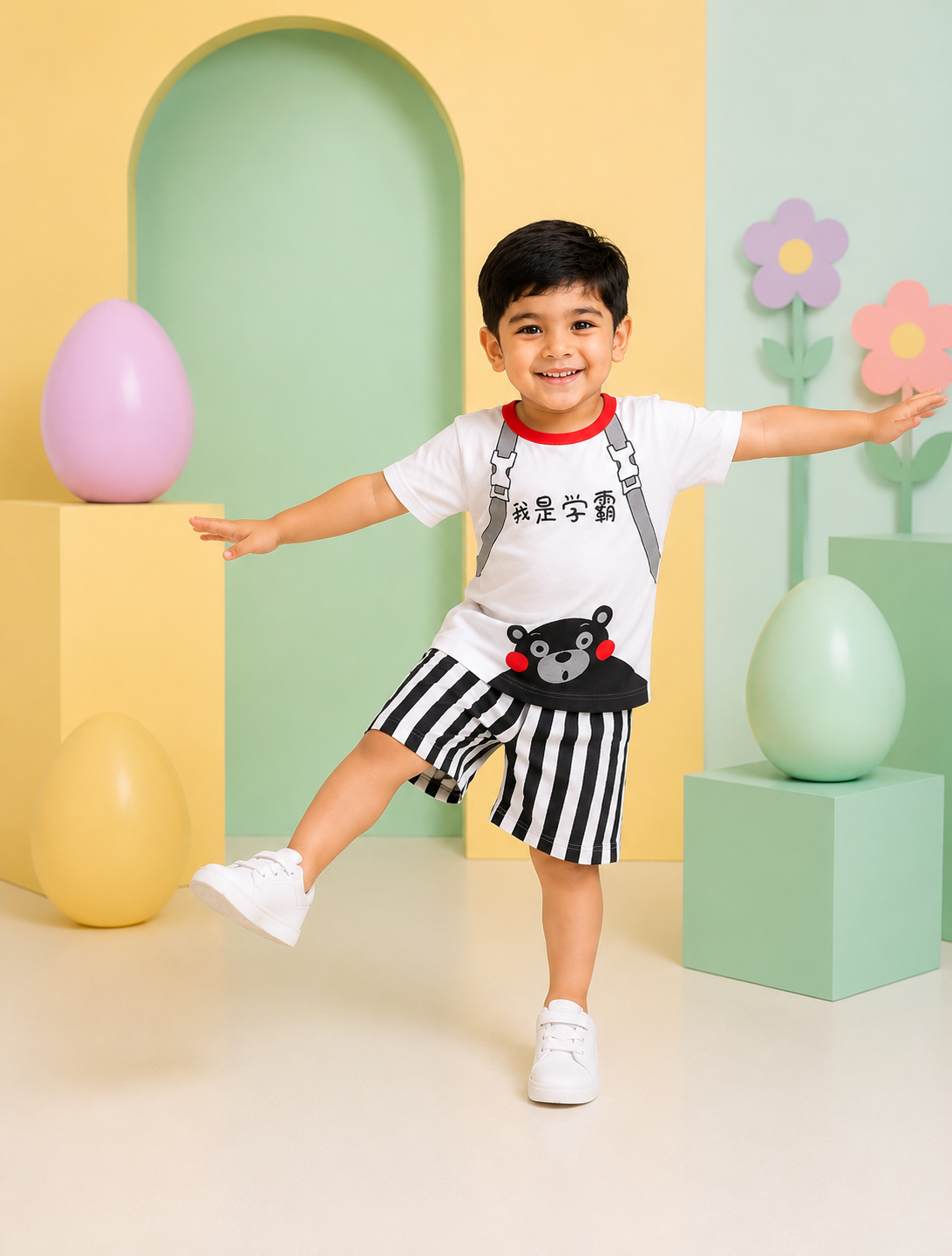 White Cartoon Bear & Striped Boys’ Summer Set