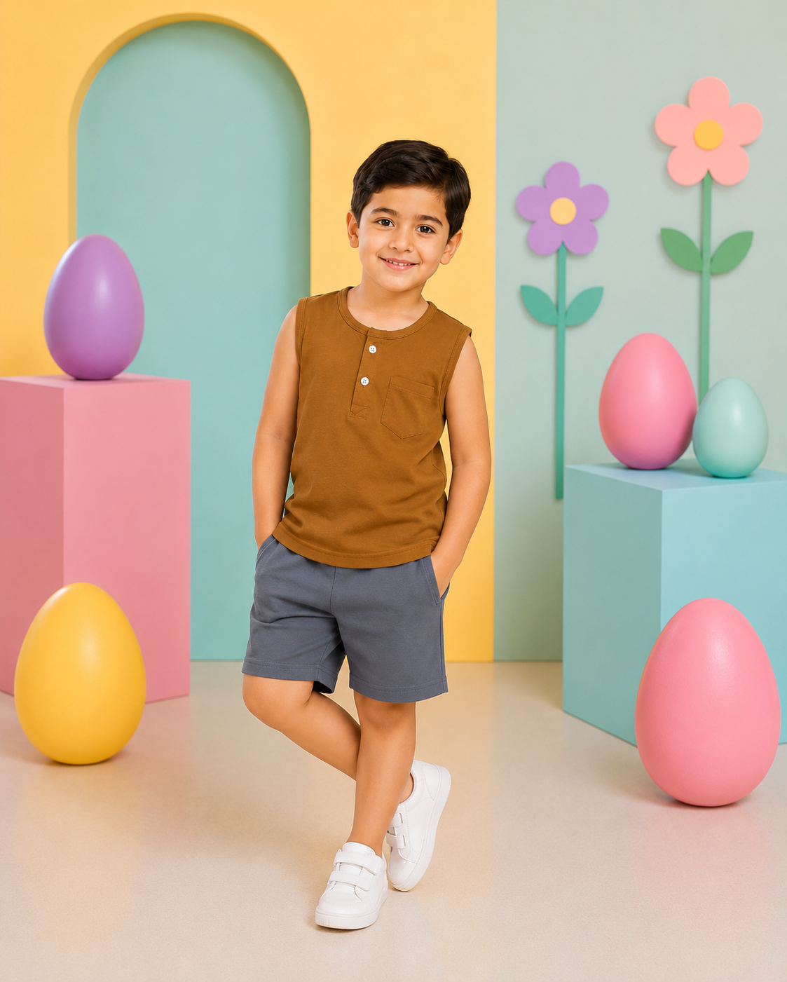 Brown Sleeveless Henley Boys’ Summer Set