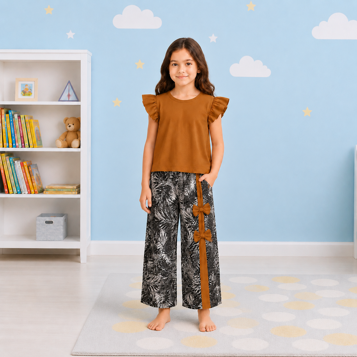 Girls' Ruffle-Sleeve Earthy Mustard Top & Tropical Print Wide-Leg Palazzo Pants Set