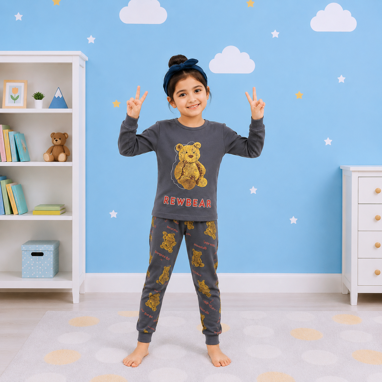 Dark Grey Teddy Bear Cartoon Printed Kids Wear