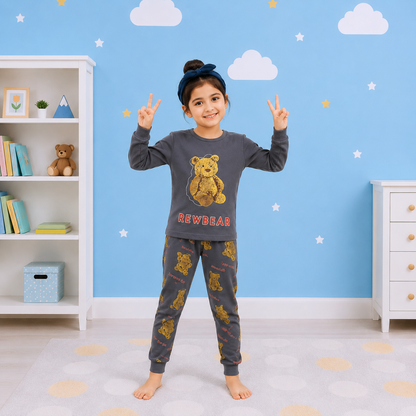 Dark Grey Teddy Bear Cartoon Printed Kids Wear