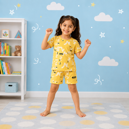 Kids Summer Doodle Print Co-Ord Set Unisex Short-Sleeve T-Shirt and Shorts Cotton Pajama Set (Mustard Yellow)