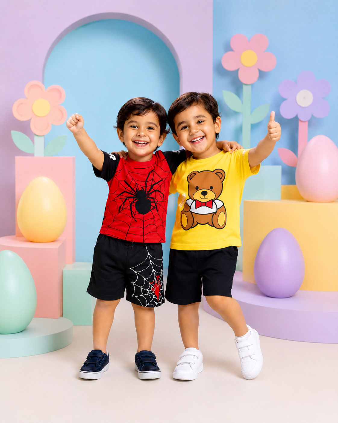 Bear & Spider Cartoon T-Shirt with Shorts (Pack of 2)