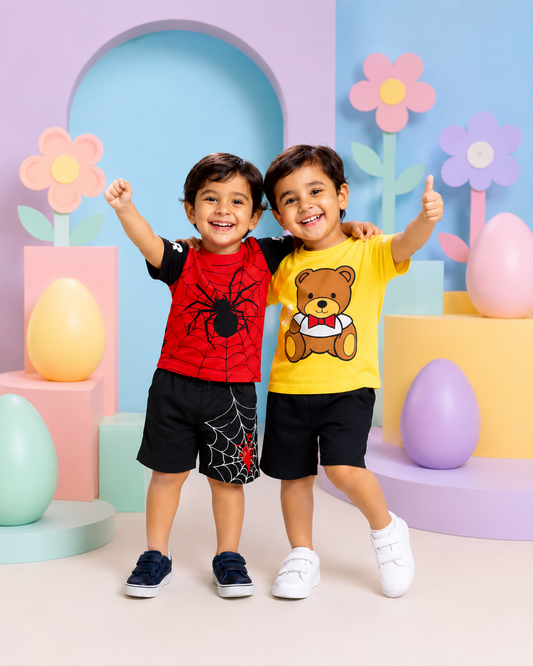 Bear & Spider Cartoon T-Shirt with Shorts (Pack of 2)