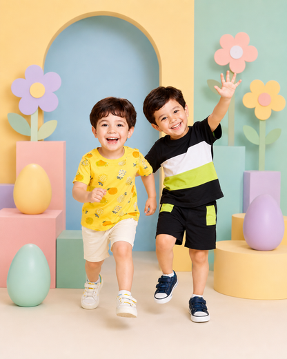 Fruit Print T-Shirt & Color Block Shorts (Pack of 2)