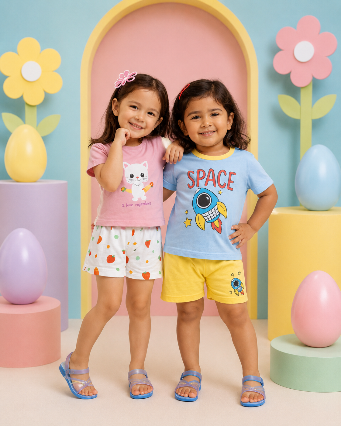Kitty & Space Rocket Print T-Shirt with Shorts (Pack of 2)