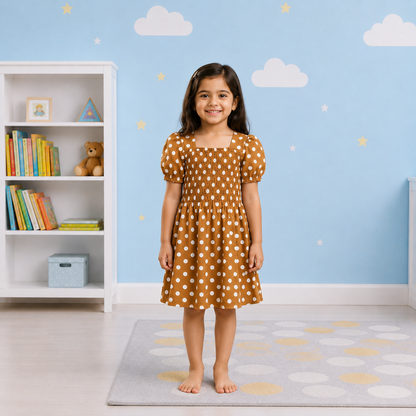 Girls' Toffee Brown Polka Dot Smocked Puff-Sleeve Party Dress