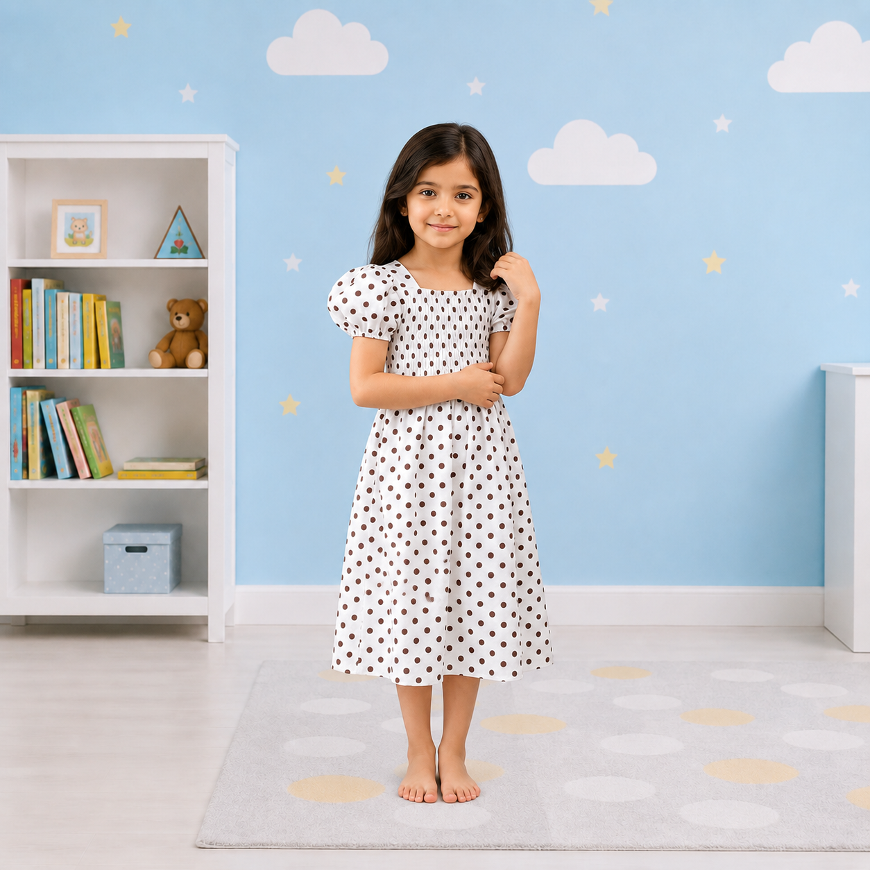 Girls' Vintage-Style Cream & Cocoa Polka Dot Smocked Puff-Sleeve Midi Dress