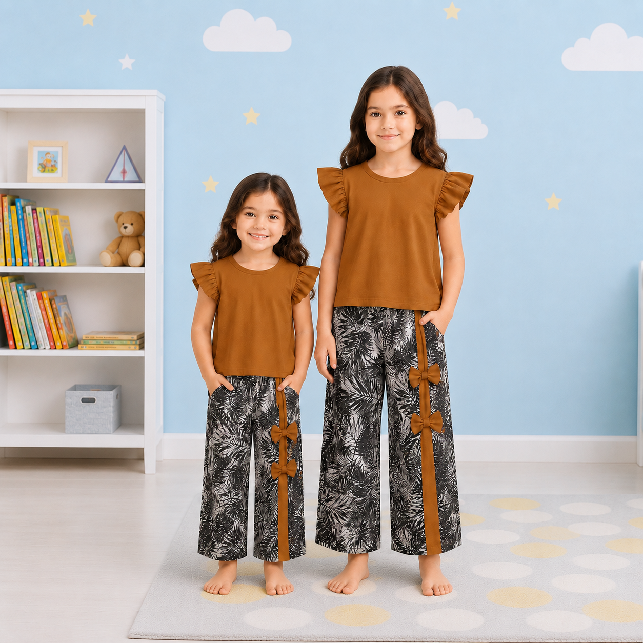 Girls' Ruffle-Sleeve Earthy Mustard Top & Tropical Print Wide-Leg Palazzo Pants Set