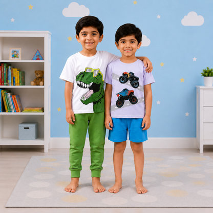 Boys' Adventure-Ready 2-Outfit Bundle: "Rad Raptor" Jogger Set & Monster Truck Short Set