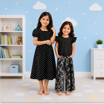 Girls' 2-Outfit Chic Collection: Noir Polka Dot Dress & Midnight Tropical Palazzo Set