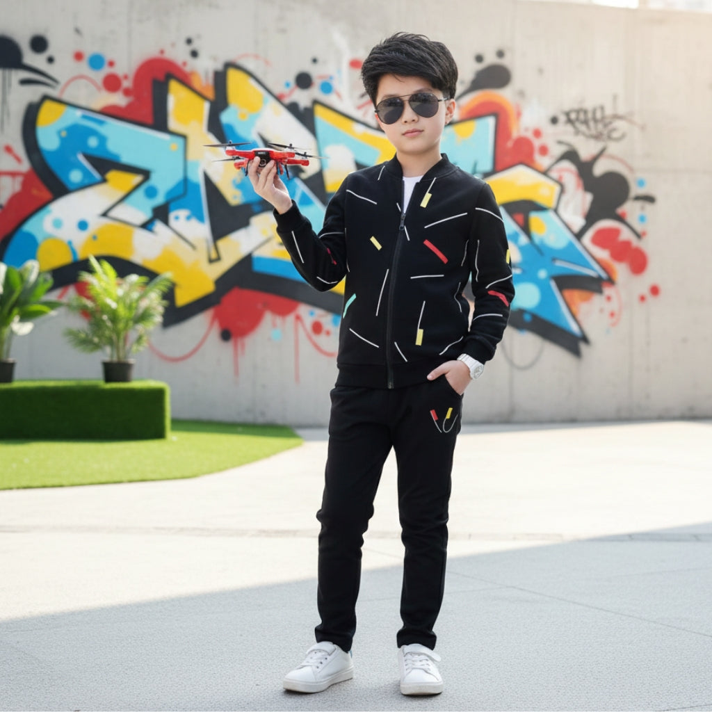 Kids Black Printed Zipper with Warm Black Trouser