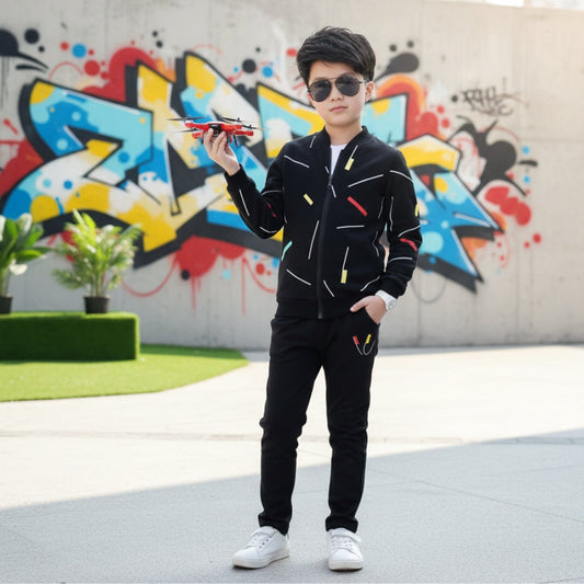 Kids Black Printed Zipper with Warm Black Trouser