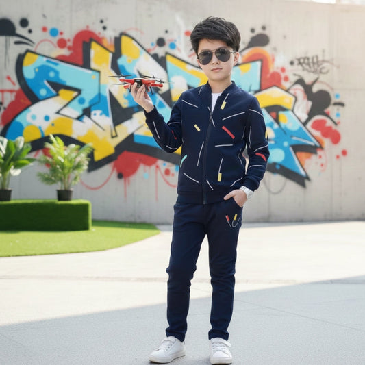 Kids Blue Printed Zipper with Warm Blue Trouser