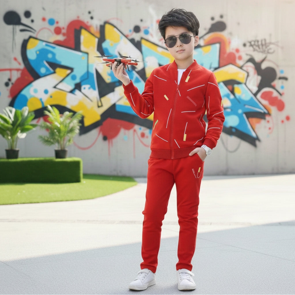 Kids Red Printed Zipper with Warm Black Trouser