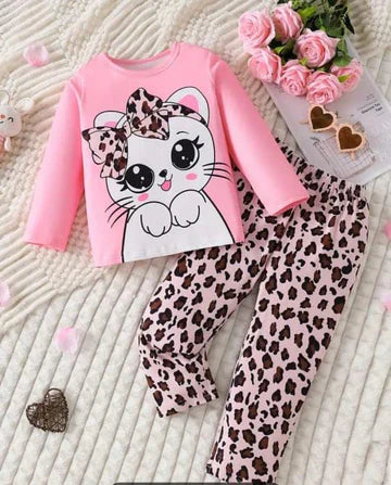 White cat Printed pink kid full sleeve set