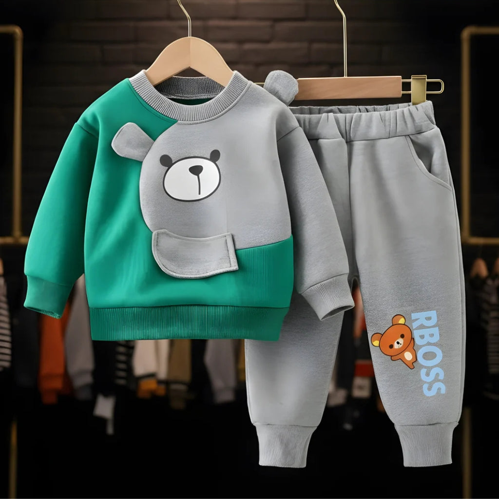 Green With Grey Bear Print Sweatshirt With Grey Trouser For Kids