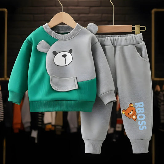 Green With Grey Bear Print Sweatshirt With Grey Trouser For Kids