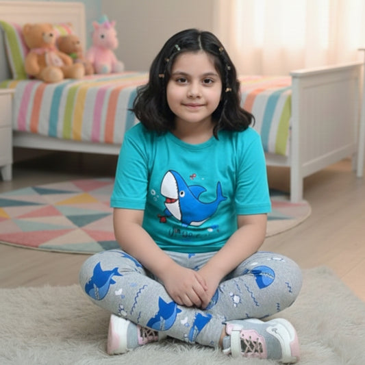 Blue Shark Print Half Sleeves Baby And Baba