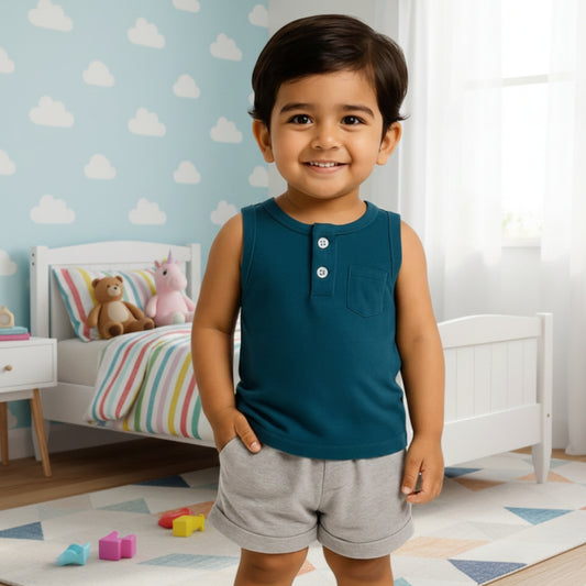 BLUE GREY SLEEVELESS SHORTS SET