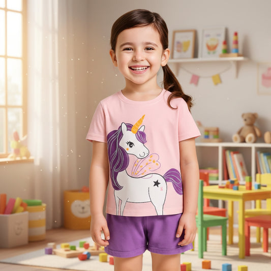 PINK PURPLE UNICORN PRINT SHORT-SLEEVE TEE & SHORTS SET