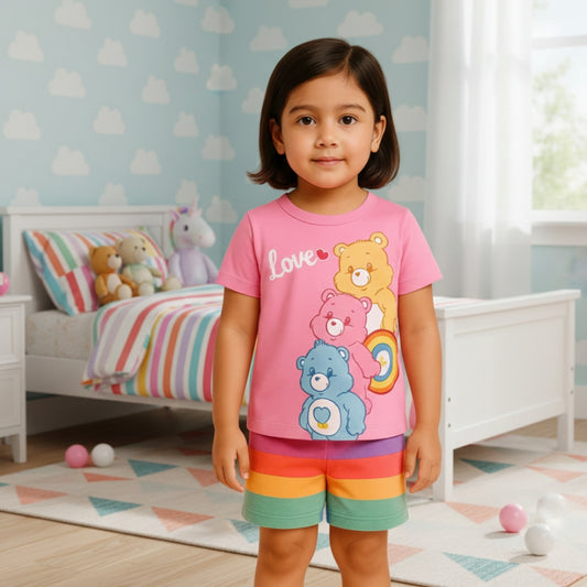 Pink Love Bear Print With Rainbow Print Short