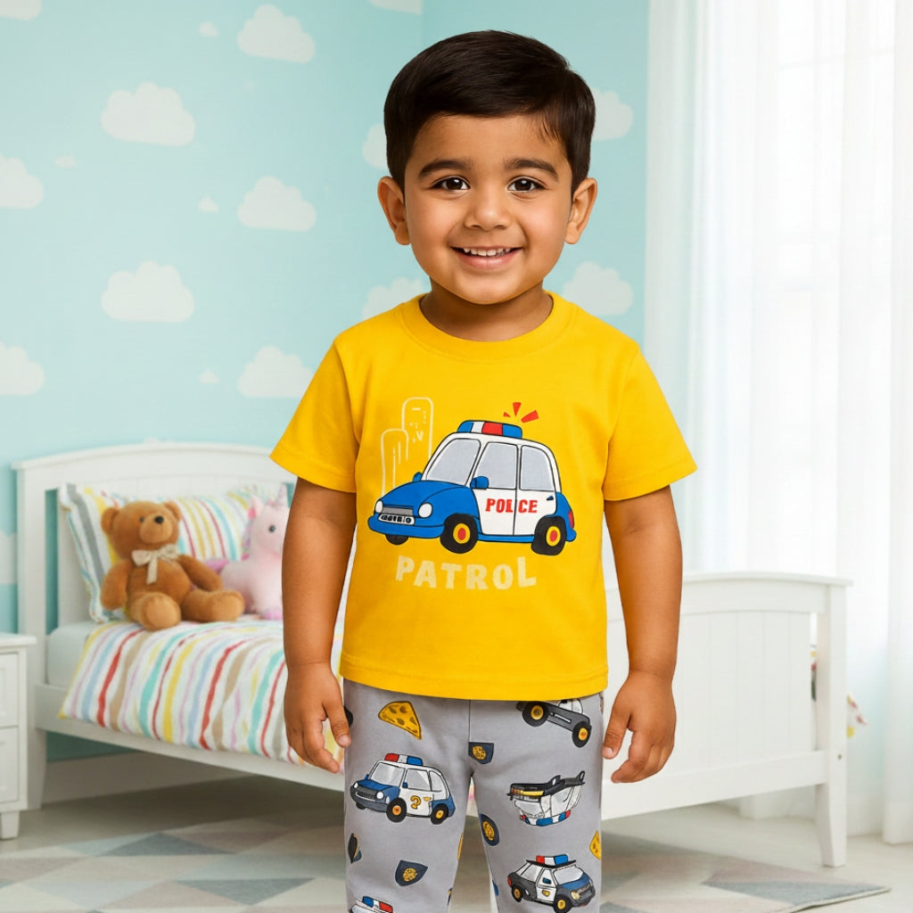 Yellow Car Printed Kids Short Sleeve Kids Wear