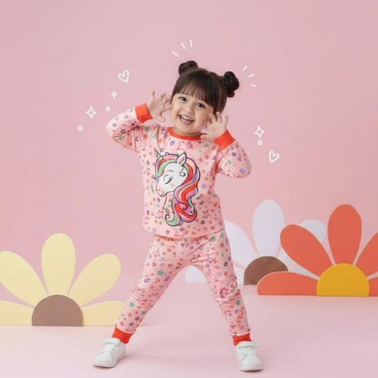 Pink Long Sleeve Shirt & Pants with Colorful Unicorn Design