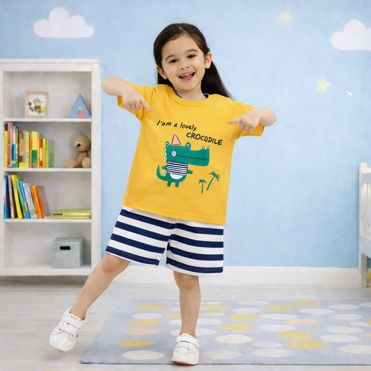 Yellow T-Shirt & Striped Shorts for Boys and Girls