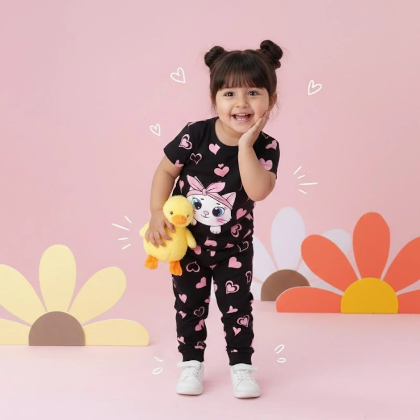 Heart Print Kitty Kids Pajama Set
