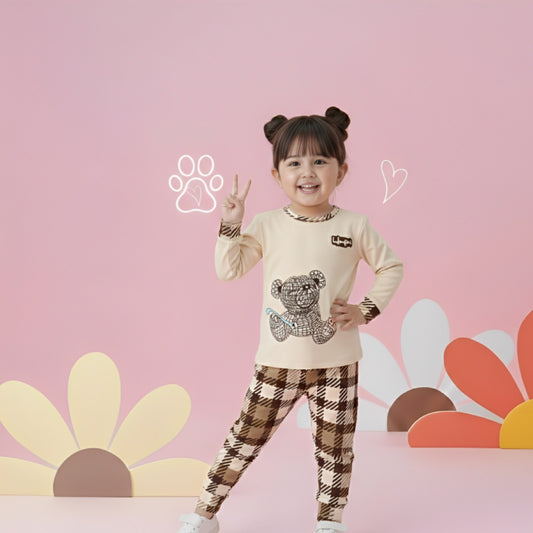 Beige T-Shirt & Plaid Pants for Girls