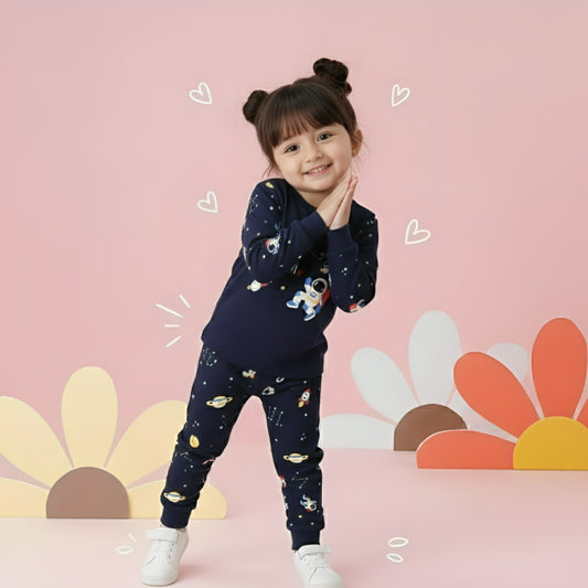 Navy T-Shirt & Pants with Rocket and Planet Print