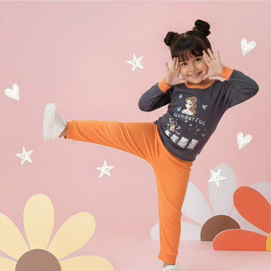 Gray T-Shirt & Orange Pants for Girls