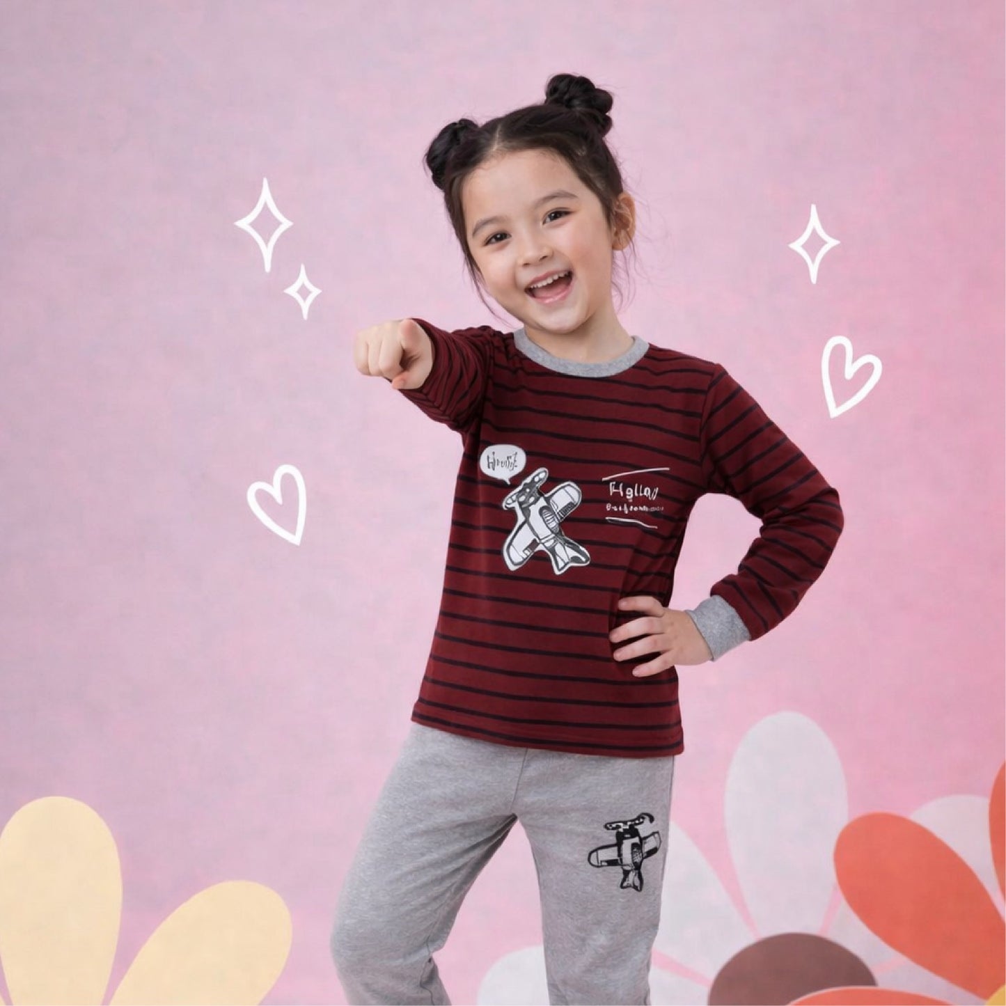 Maroon & Grey Stripes Top with Airplane Print for Girls