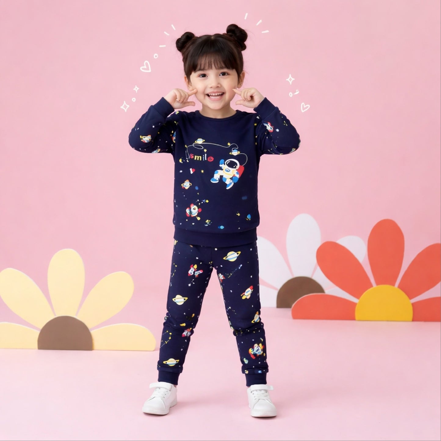 Space-Themed Smile Graphic Sweatshirt & Pants Set for Kids