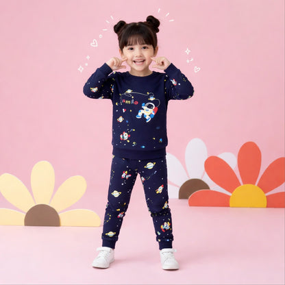 Space-Themed Smile Graphic Sweatshirt & Pants Set for Kids