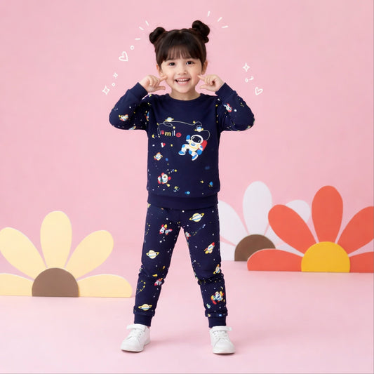 Space-Themed Smile Graphic Sweatshirt & Pants Set for Kids