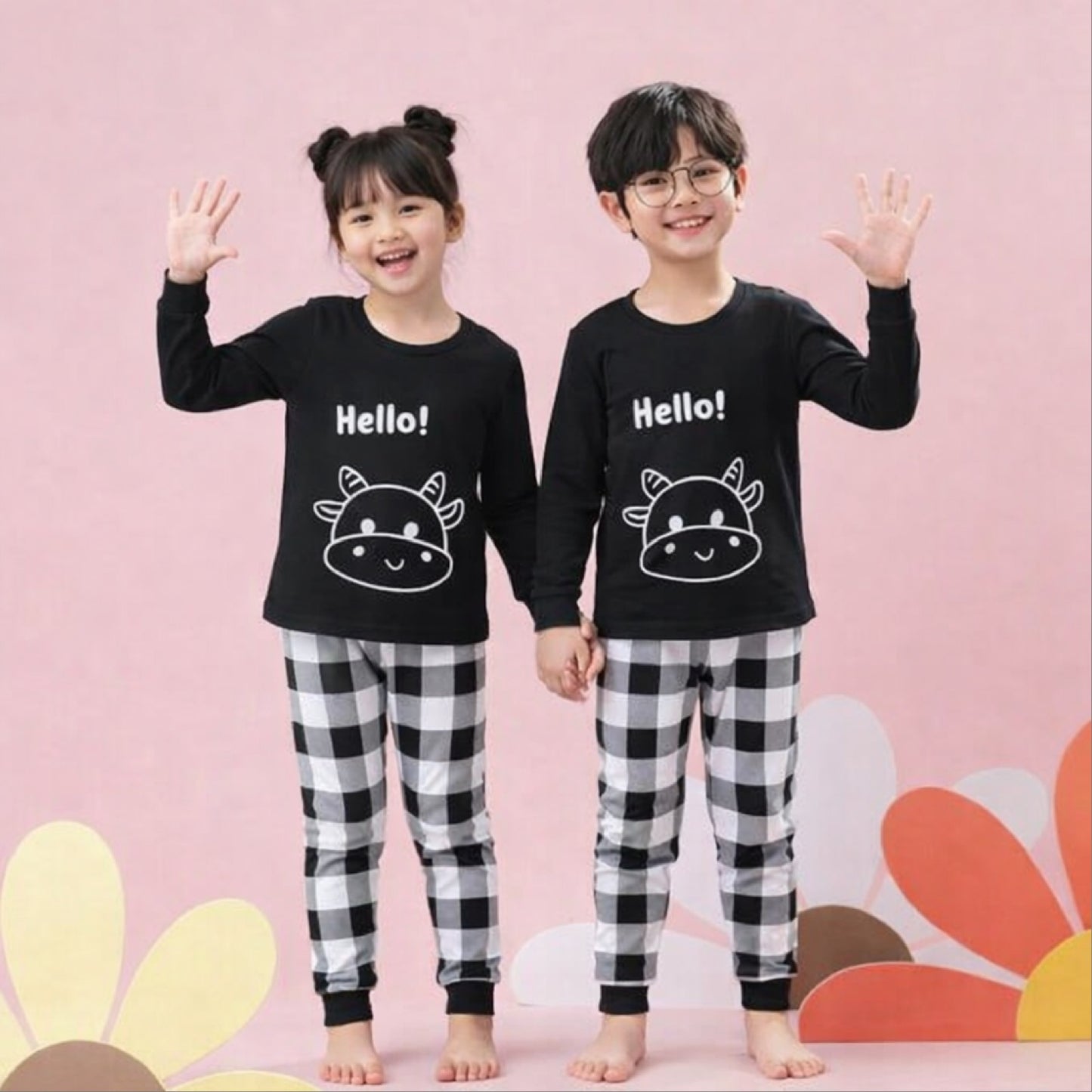 Hello Cow Graphic Pajama Set for Kids