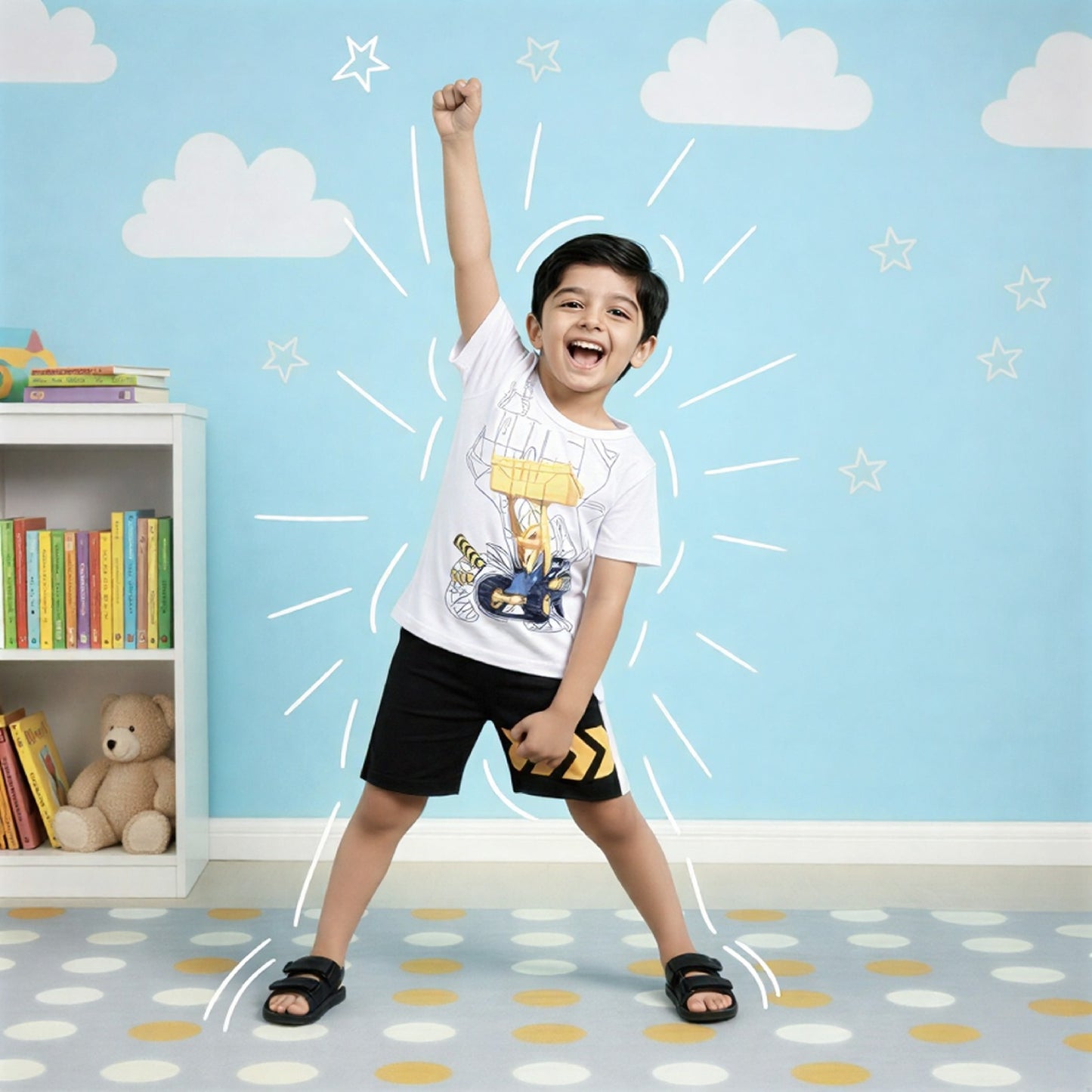 Dynamic Hero Print T-Shirt and Black Shorts Set for Kids